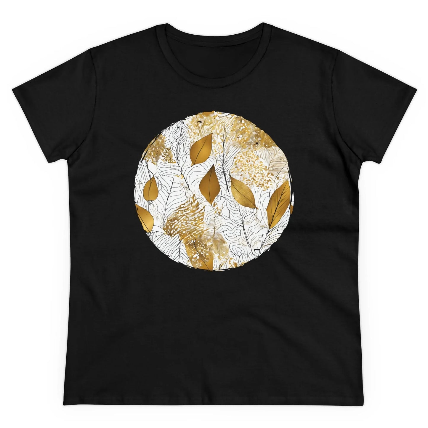 Damen Rundhals Shirt mit modernem Print - Abstraktes Motiv in gold weiß - tailliertes Kurzarm T-Shirt für Frauen - auch in großen Größen - 100% Baumwolle - 180 g/m² - Black