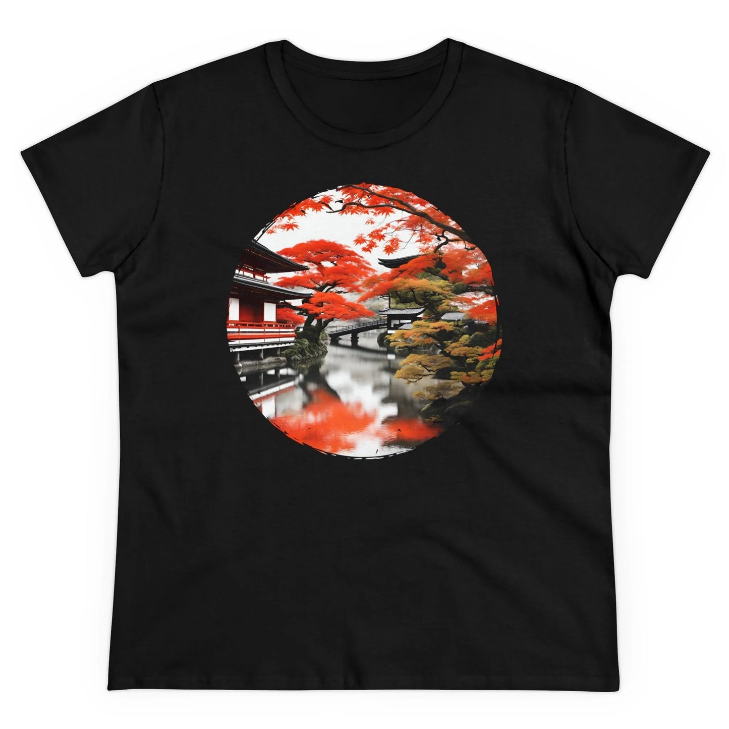 Damen Rundhals Shirt mit modernem Print - Abstrakte Landschaft in Japan - tailliertes Kurzarm T-Shirt für Frauen - auch in großen Größen - 100% Baumwolle - 180 g/m² - Black