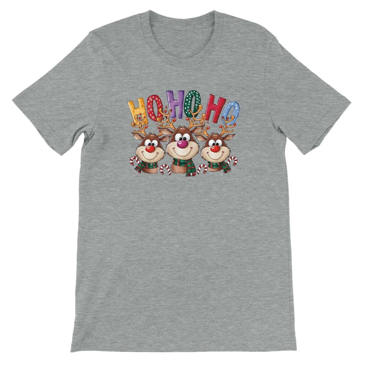 Unisex Kurzarm T-Shirt mit Ho Ho Ho Elche Spruch - Print für Weihnachten und Winter - leicht tailliert – viele Farben und große Größen für Damen - Ash