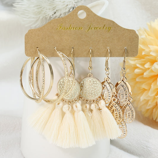3er-Set Geometrische Damen Tassel-Ohrringe – Boho-Vintage Stil in Gold & Beige, KC Vergoldet, Hängende Statement-Pieces für Alltag & Events
