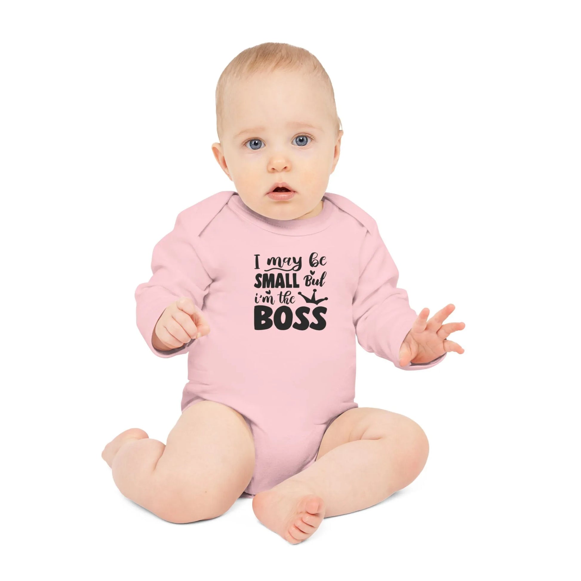 Langarm Baby und Kinder Bio Body mit Spruch "I may be small, but I´m the boss" - Unisex Bodysuit mit Aufdruck für Neugeborene und Kleinkinder - 100% Bio Baumwolle, 200 g/m², bis 18 Monate bzw. 86cm -