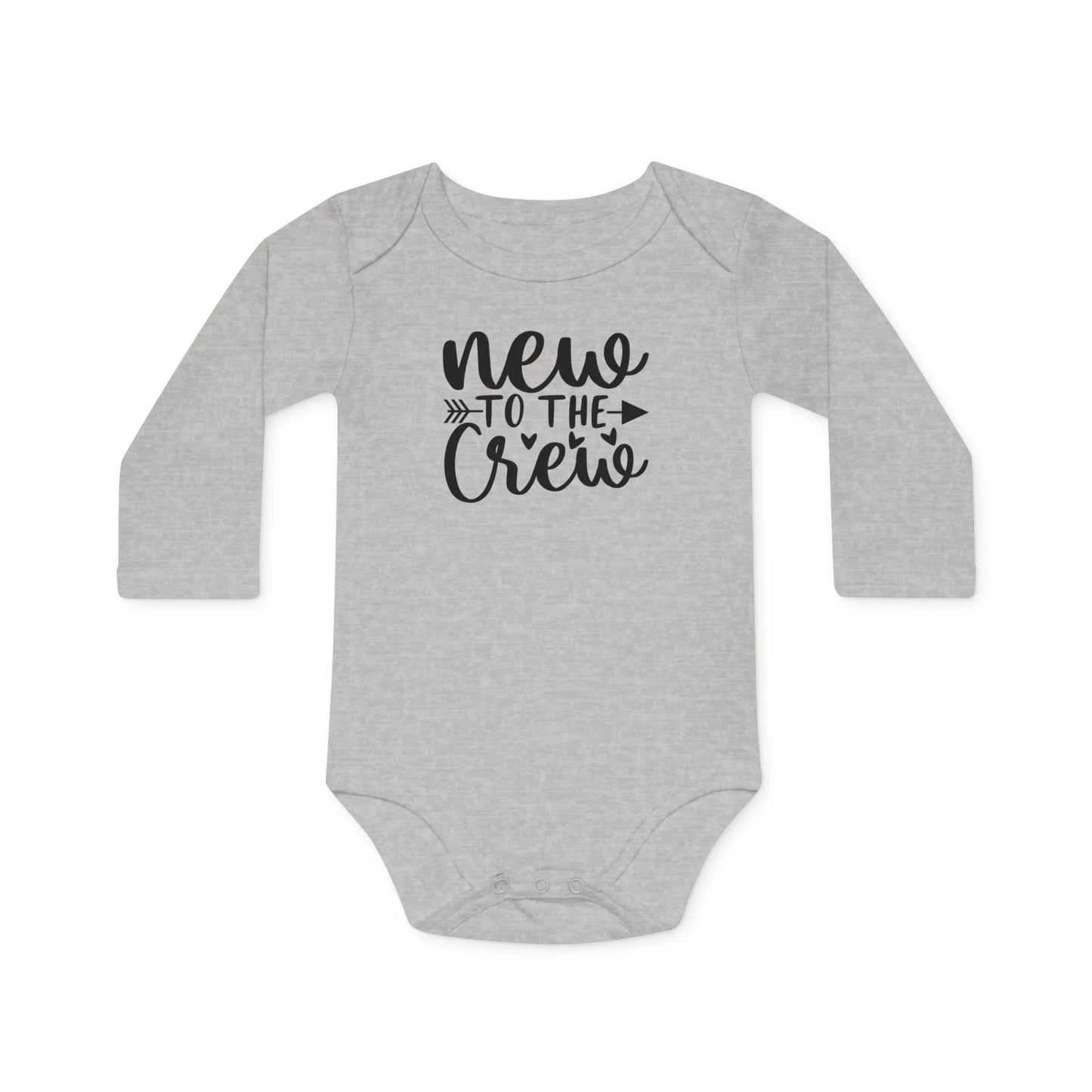 Langarm Baby und Kinder Bio Body mit Spruch "Mew to the crew" - Unisex Bodysuit mit Aufdruck für Neugeborene und Kleinkinder - 100% Bio Baumwolle, 200 g/m², bis 18 Monate bzw. 86cm - mehrere Farben und Größen - Heather Grey Melange