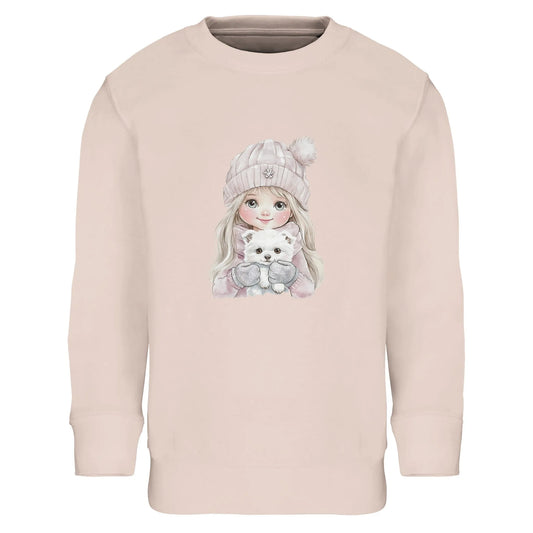 Kinder Sweatshirt mit Mädchen und Hund - hübscher Print für Weihnachten und Winter - 4 bis 14 Jahre – in vielen Farben und Größen - creamy pink