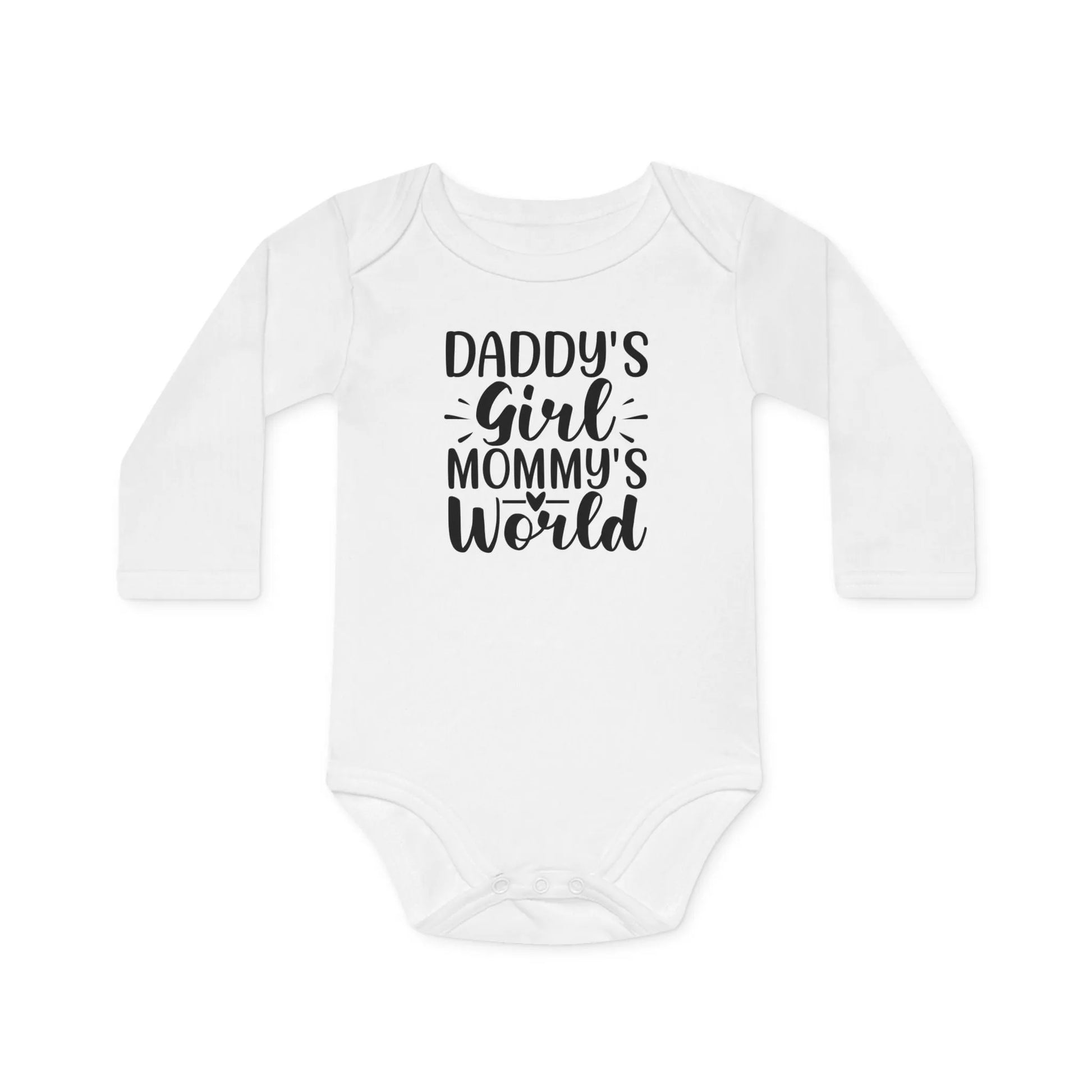 Langarm Baby und Kinder Bio Body mit Spruch "Daddys Girl - Mummys World" - Unisex Bodysuit mit Aufdruck für Neugeborene und Kleinkinder - 100% Bio Baumwolle, 200 g/m², bis 18 Monate bzw. 86cm - White
