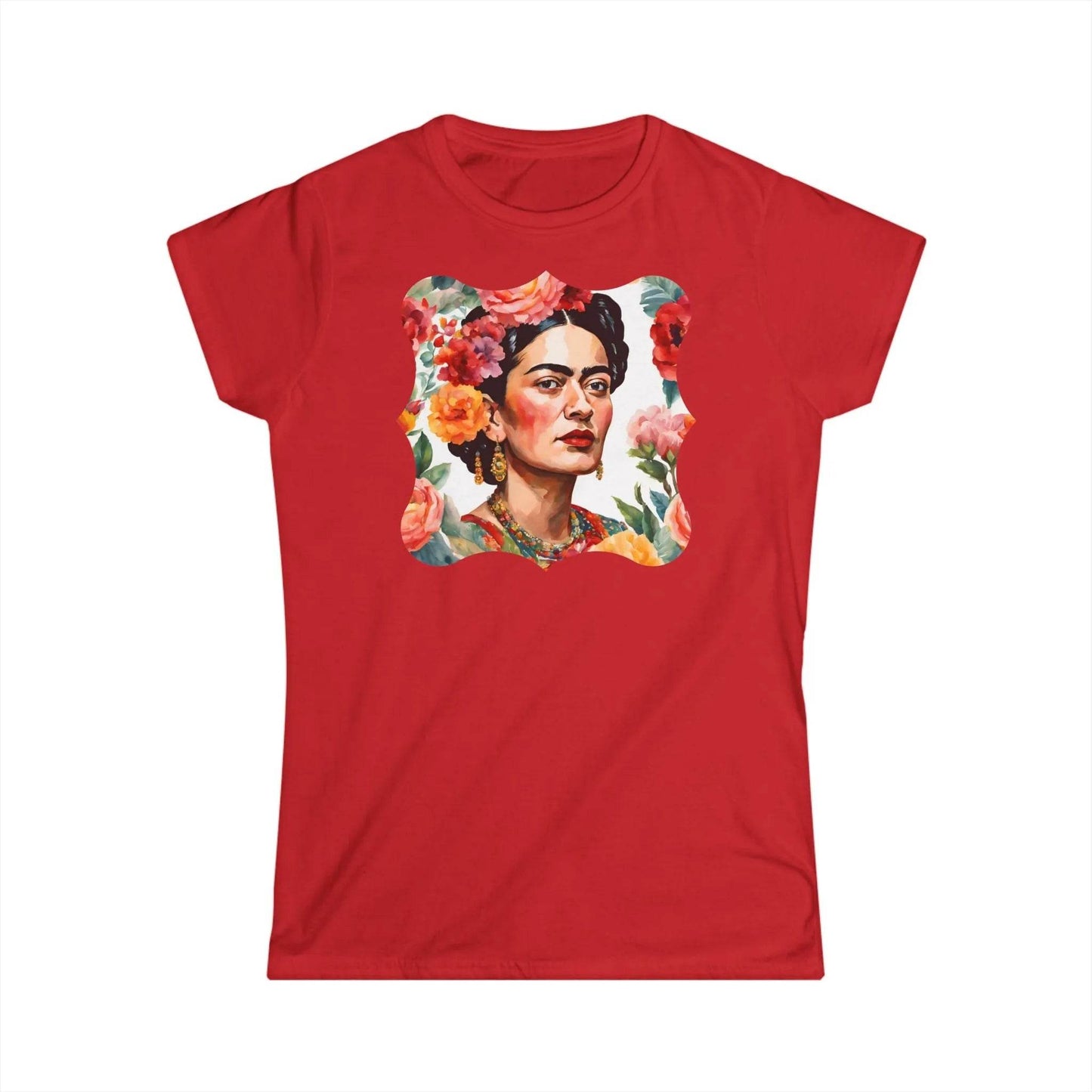 Tailliertes Damen Kurzarm T-Shirt mit Aufdruck – Frida Kahlo mit Blumen - 100% Baumwolle - 153 g/m² - auch in großen Größen – viele Farben - Red