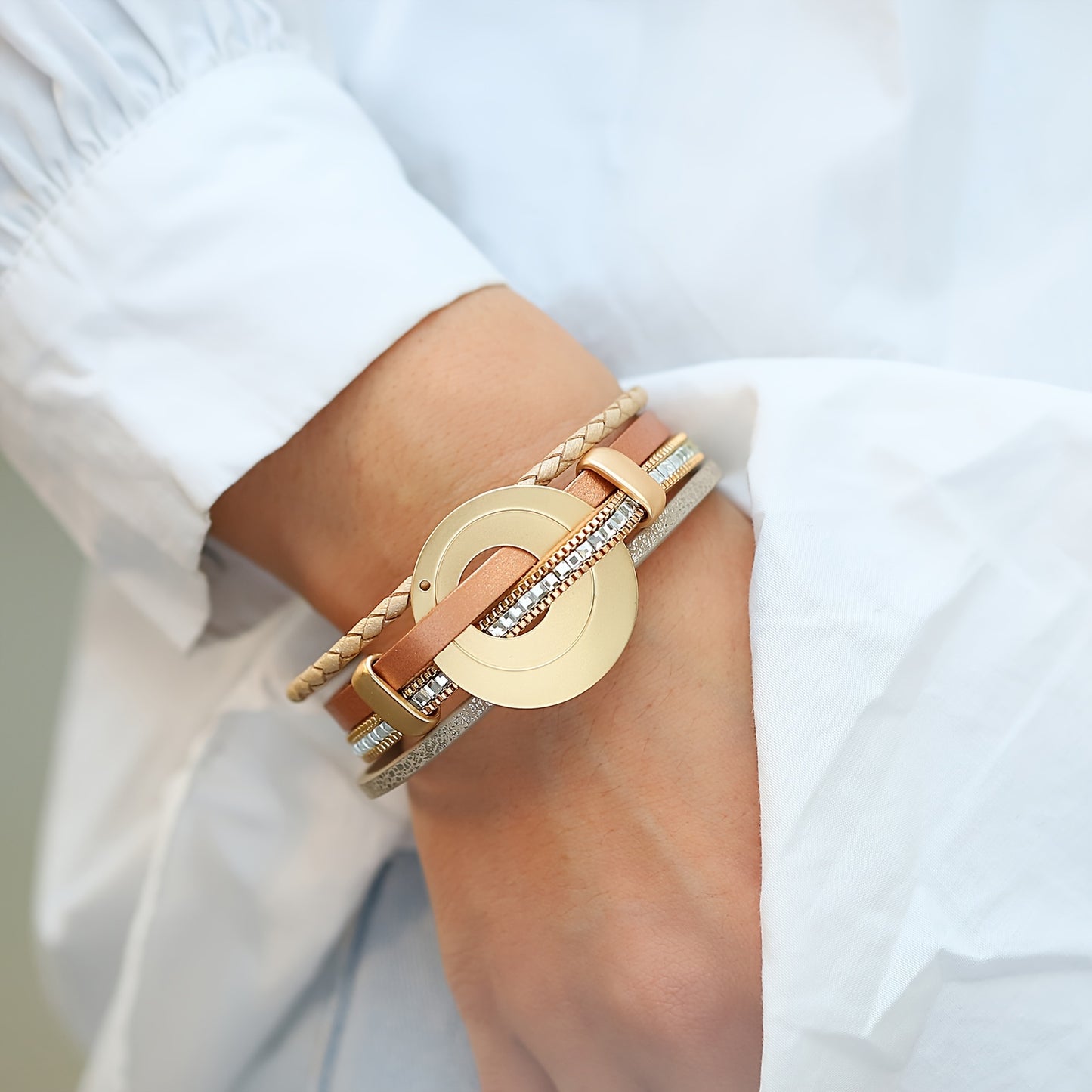 4-teiliges Damen Kunstleder Armband mit Kristallperlen & Goldfarbenem Rundanhänger - 19,2cm lang - in drei tollen Farbrichtungen