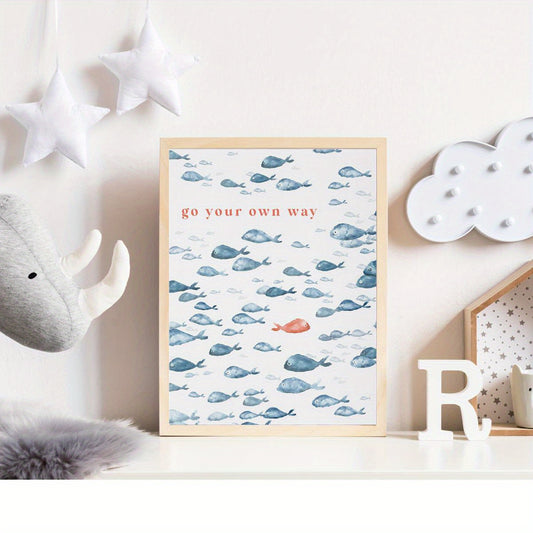 Rahmenloses maritimes Leinwand-Poster mit Fische in Blau, Rot und Weiß - „Geh Deinen eigenen Weg“ – moderner nautischer Leinwand-Posterdruck - in vier Größen