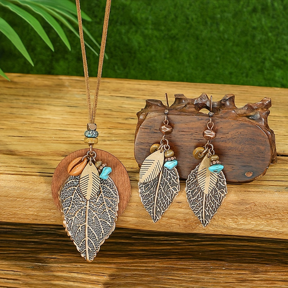 3-teiliges einzigartiges Boho Ethno-Schmuckset mit 1 Anhänger Kette sowie super dazupassende Ohrringe in Kaffee & Türkis - mit Blattanhänger auf Lederband sowie Tropfenohrringe