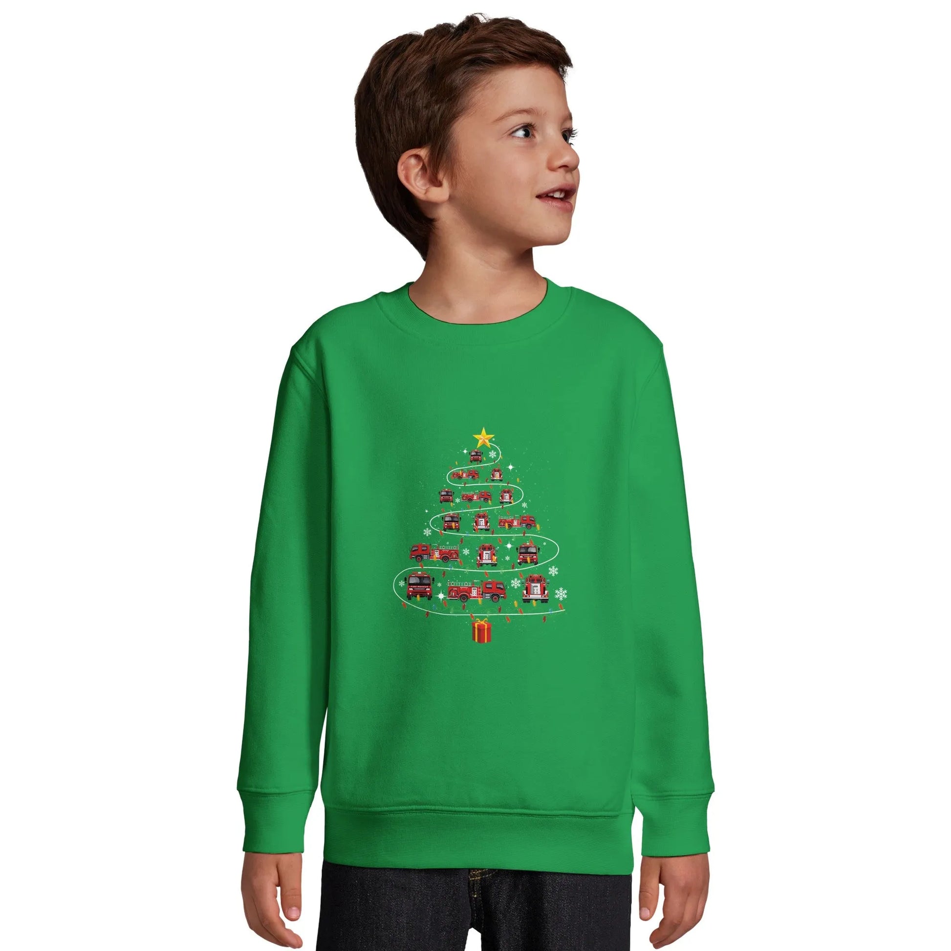 Kinder Sweatshirt mit Feuerwehr Fahrzeuge, Geschenk und Stern - Jungen Aufdruck für Weihnachten und Winter - 4 bis 14 Jahre - viele verschiedene Farben -