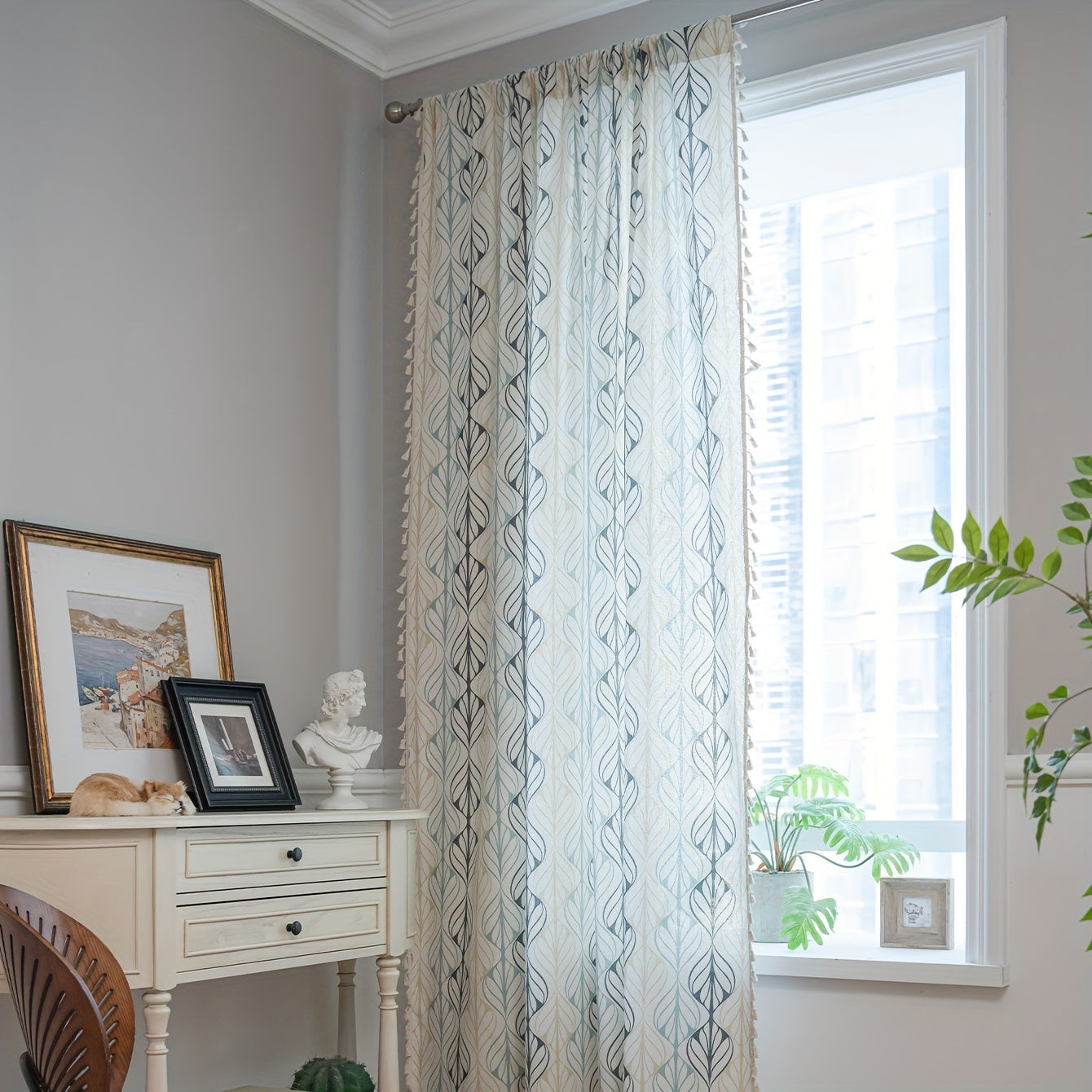 1 Stück Boho Vorhang mit Blattmuster & Quasten – Halbtransparenter Dekovorhang für Wohnzimmer & Schlafzimmer, in 10 Größen