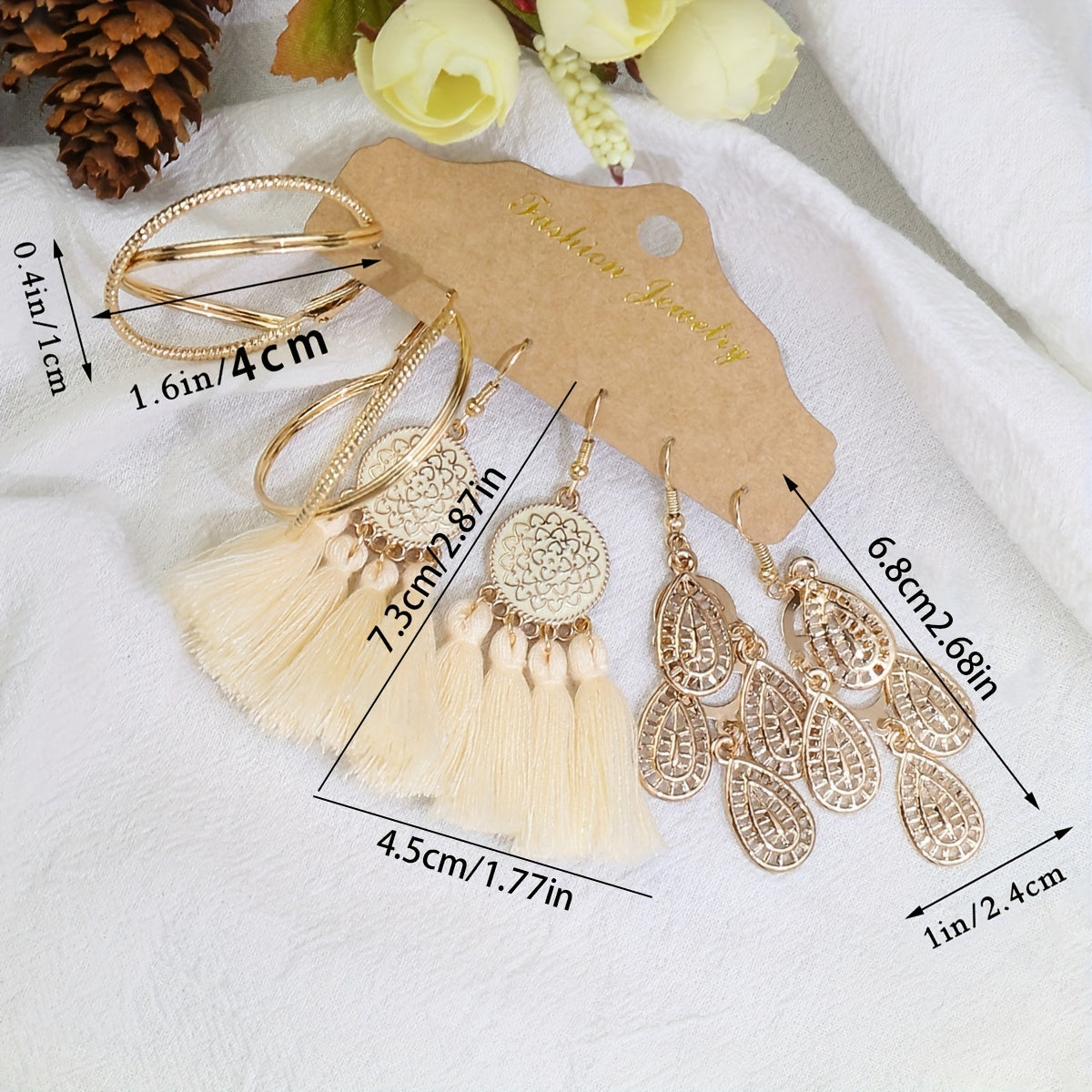 3er-Set Geometrische Damen Tassel-Ohrringe – Boho-Vintage Stil in Gold & Beige, KC Vergoldet, Hängende Statement-Pieces für Alltag & Events