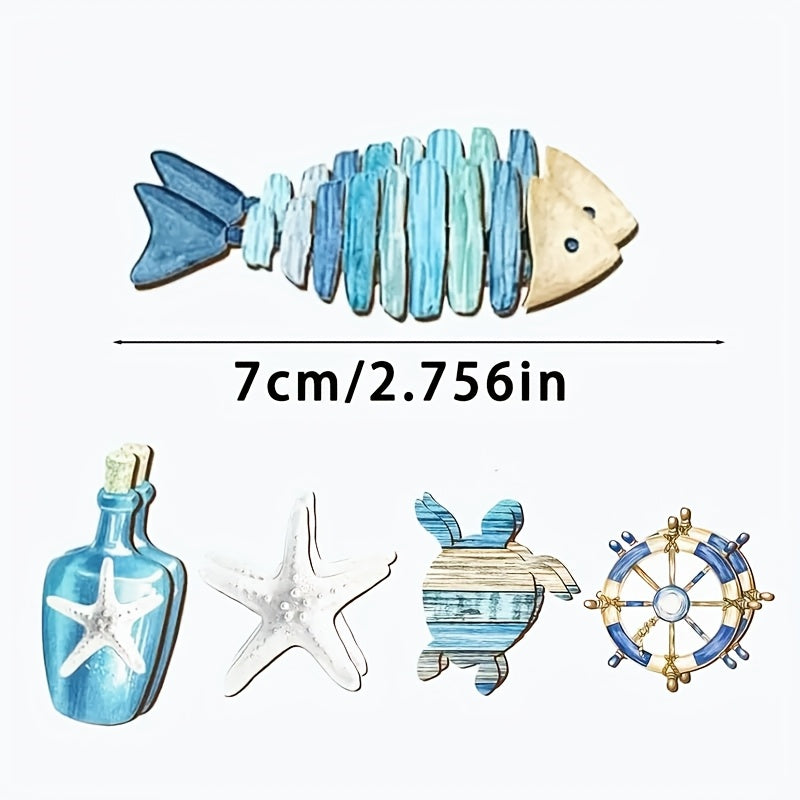 12 oder 24-er Set mit maritimer Hängedekoration aus Holz zum Aufhängen oder Basteln - Steuerrad, Seepferdchen, Stuhl, Beach-Schild, Schildkröte, Fisch,  uvm. – süße sommerliche Meeresmotive in Blau & Weiß