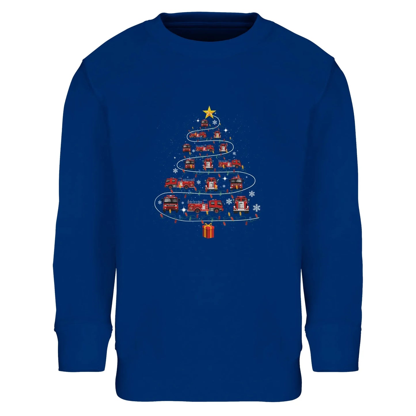 Kinder Sweatshirt mit Feuerwehr Fahrzeuge, Geschenk und Stern - Jungen Aufdruck für Weihnachten und Winter - 4 bis 14 Jahre - viele verschiedene Farben - Royal Blue
