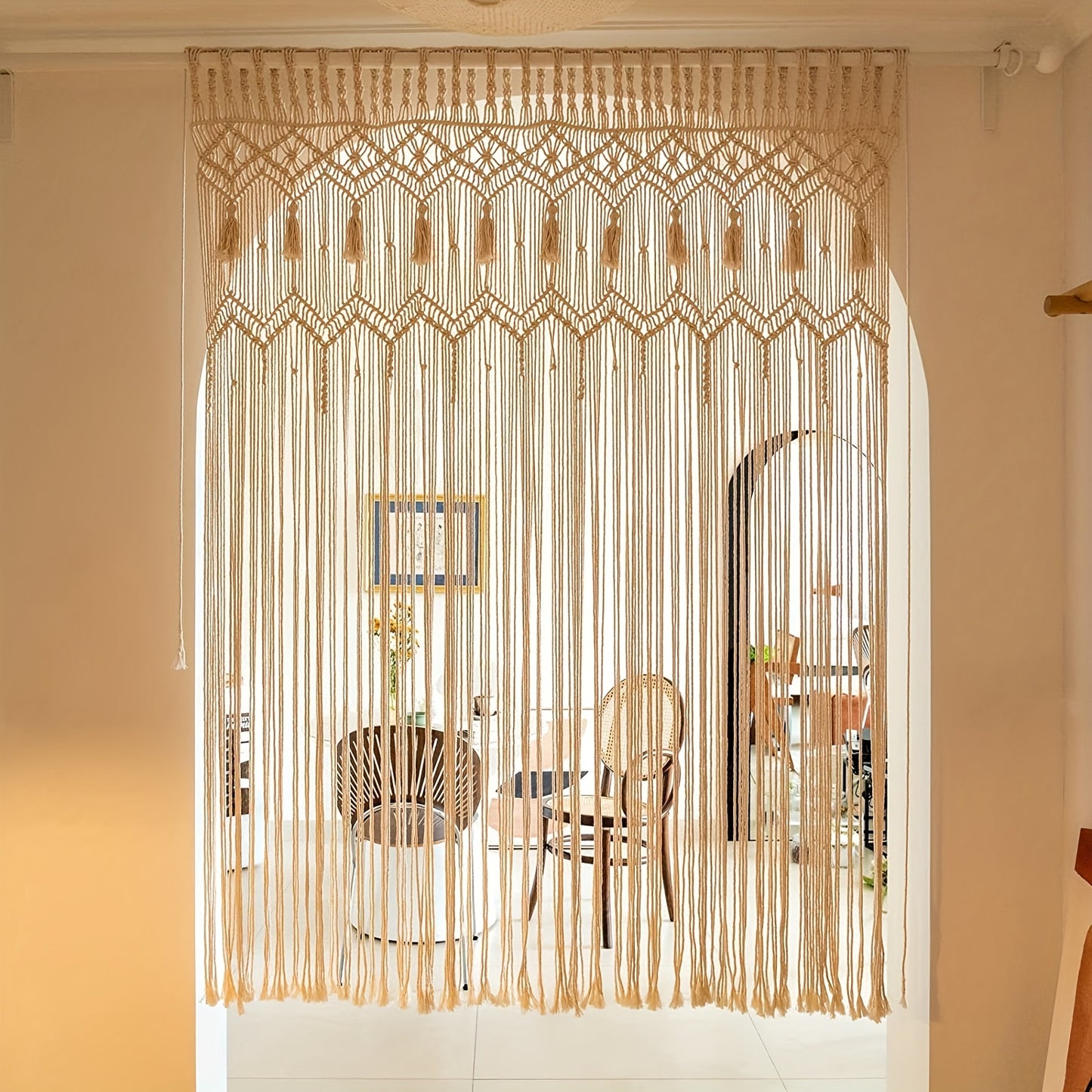 Wunderschöner Makramee-Vorhang – Handgefertigte Boho-Dekoration für Fenster, Türen & mehr, 130×178 cm, halbtransparent, 100 % Baumwolle