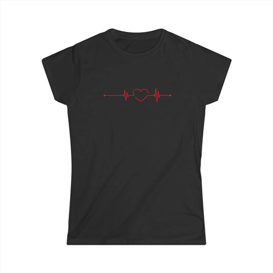 Tailliertes Damen Kurzarm T-Shirt mit Aufdruck mit Herz und Herzschlag Linie zum Valentinstag - 100% Baumwolle - 153 g/m² - auch in großen Größen - in vielen Farben - Black