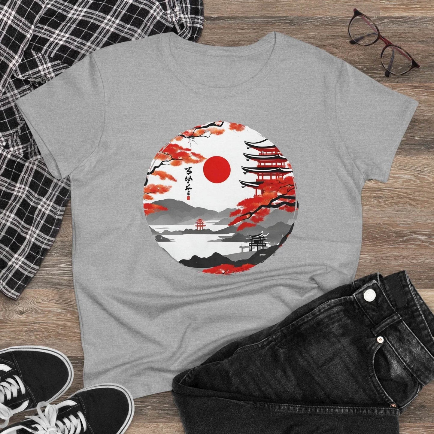happy-prints.eu - Damen Rundhals Shirt mit modernem Print - Abstrakte Landschaft in Japan - tailliertes Kurzarm T-Shirt für Frauen - auch in großen Größen - 100% Baumwolle - 180 g/m²