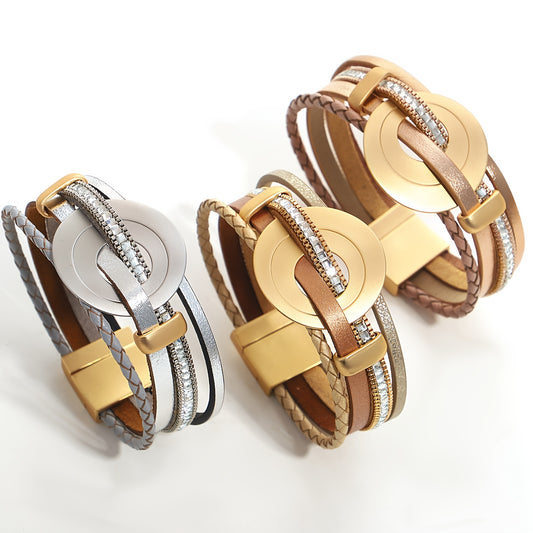 4-teiliges Damen Kunstleder Armband mit Kristallperlen & Goldfarbenem Rundanhänger - 19,2cm lang - in drei tollen Farbrichtungen