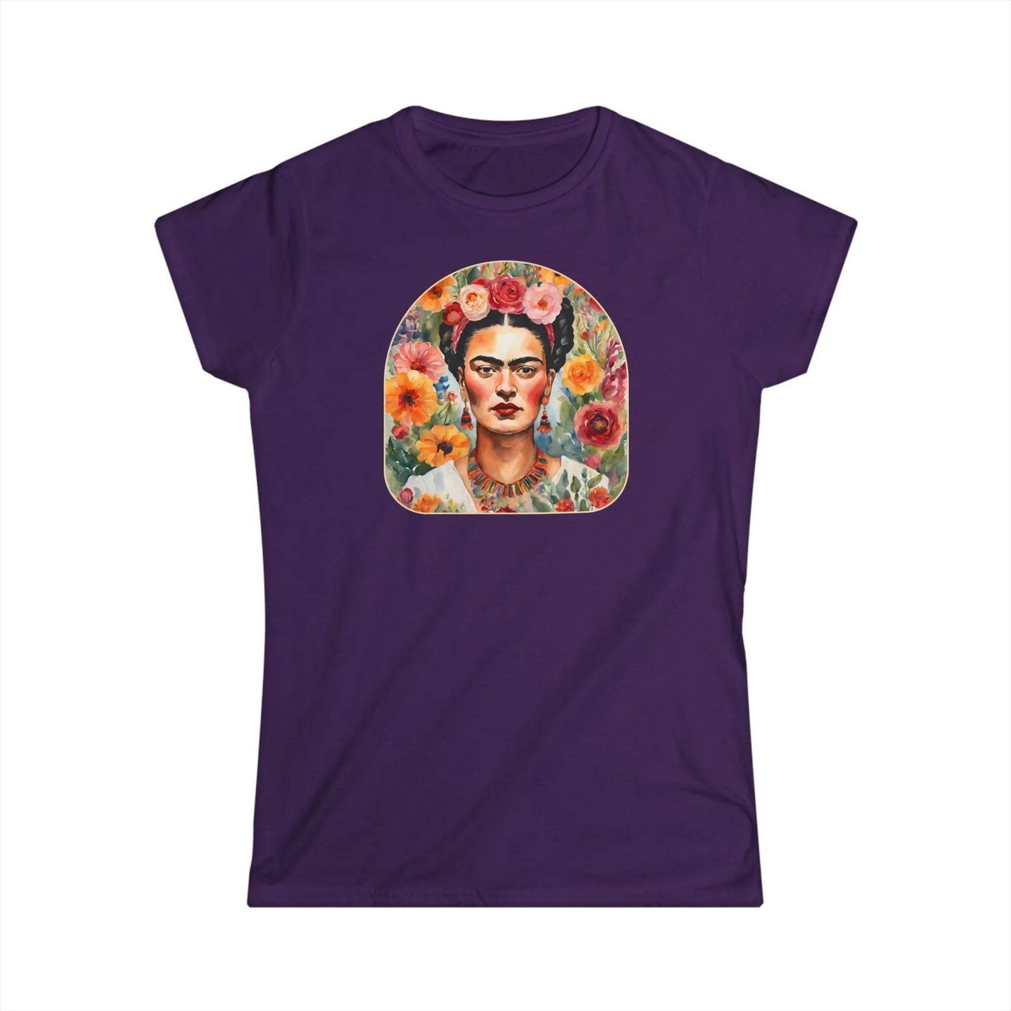Tailliertes Damen Kurzarm T-Shirt mit Aufdruck – bunter Frida Kahlo Blumen Print - 100% Baumwolle - 153 g/m² - auch in großen Größen - viele Farben - Purple