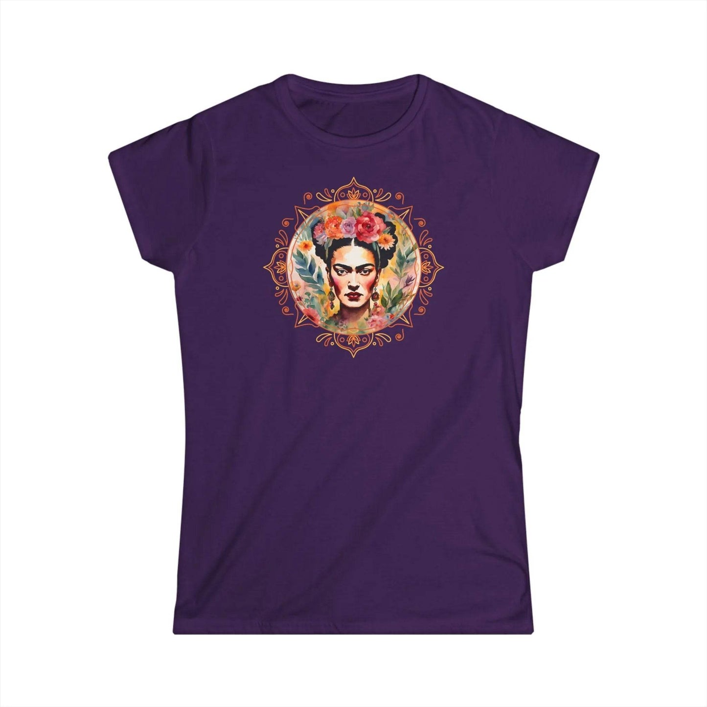 Tailliertes Damen Kurzarm T-Shirt mit Aufdruck – Frida Kahlo Print im Rahmen in gold orange - 100% Baumwolle - 153 g/m² - auch in großen Größen - viele Farben - Purple
