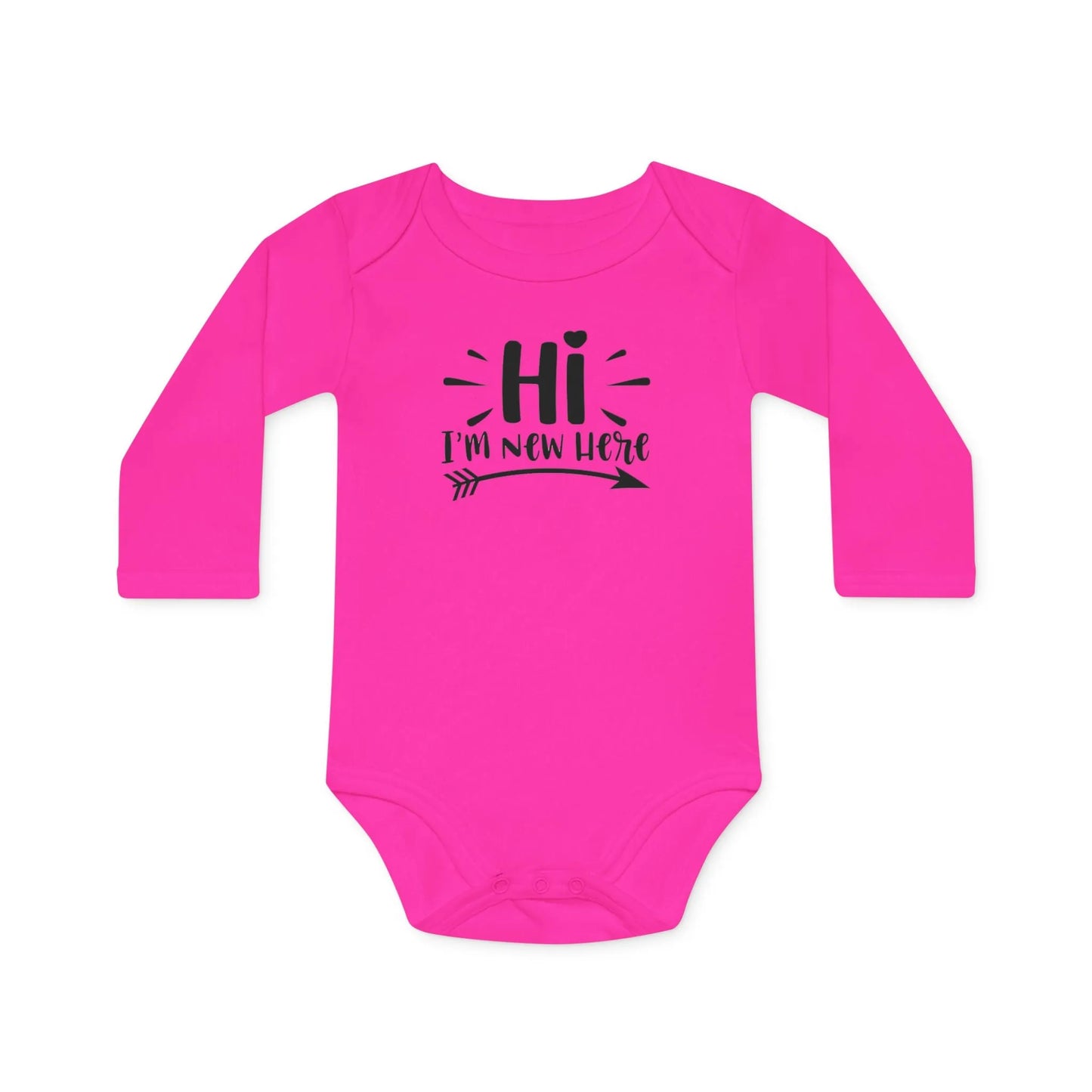 Langarm Baby und Kinder Bio Body mit Spruch "Hi - I´m new here" - Unisex Bodysuit mit Aufdruck für Neugeborene und Kleinkinder - 100% Bio Baumwolle, 200 g/m², bis 18 Monate bzw. 86cm - Fuchsia