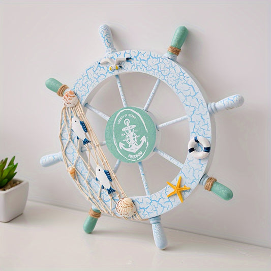 Maritimes Holzdesign Deko Steuerrad mit Fische, Fischernetz, Seesterne & Muscheln - Sommerliche, nautische Deko mit 28cm Durchmesser