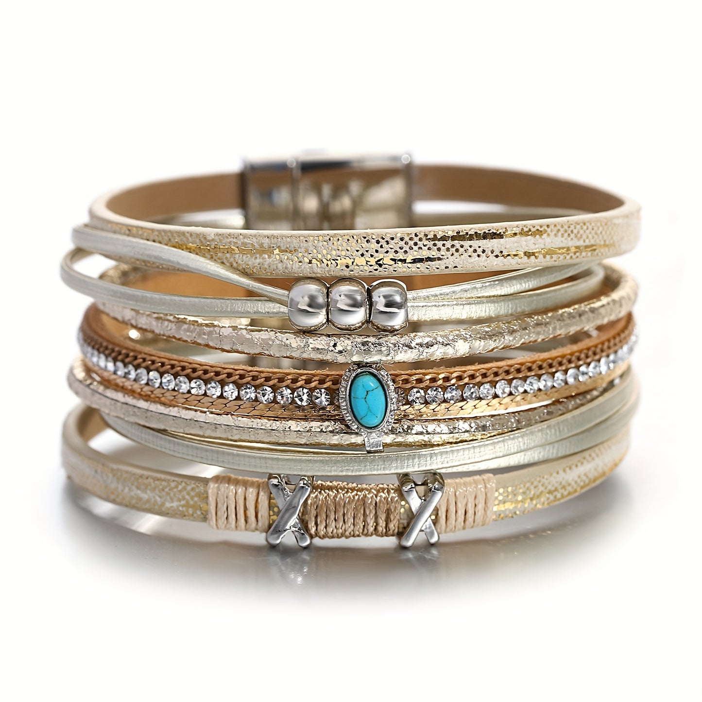 Wunderschönes Retro Kreuz-Armband für Damen – Mehrteiliges Kunstleder Schmuckarmband mit blauen Steinen & Strass - 19,5cm Durchmesser - 7 Farben
