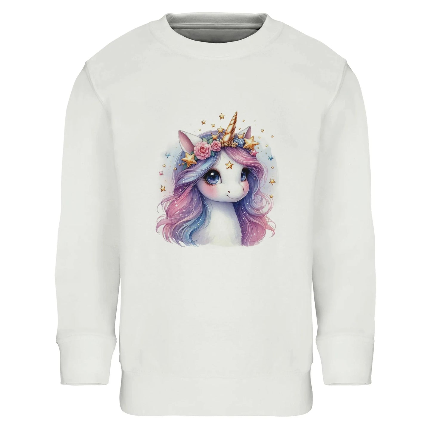 Kinder Sweatshirt mit pastell Einhorn Mädchen mit Sterne - Unicorn Aufdruck für Weihnachten und Winter - 4 bis 14 Jahre – in vielen Farben und Größen - Weiß