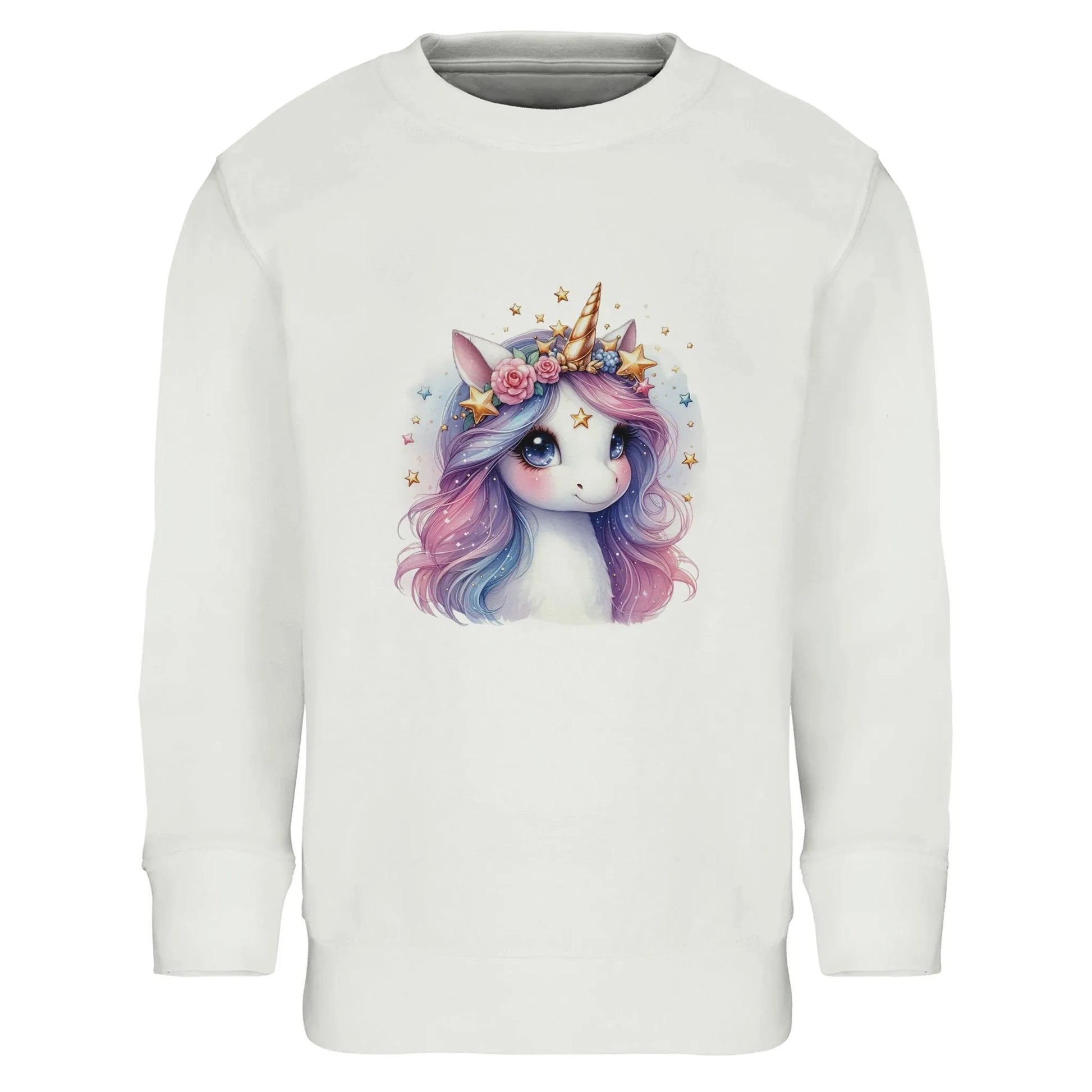 Kinder Sweatshirt mit pastell Einhorn Mädchen mit Sterne - Unicorn Aufdruck für Weihnachten und Winter - 4 bis 14 Jahre – in vielen Farben und Größen - Weiß