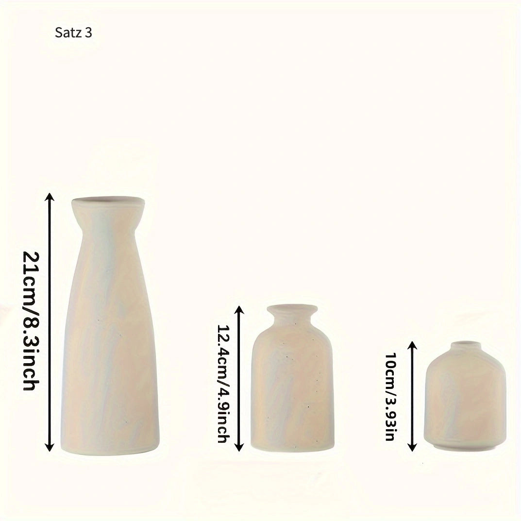 3er-Set Boho Keramikvasen in Beige oder Weiß -  „Form & Blüte“ – Mattes Finish, Geometrisch-Florale Designs & Sockel-Form, Rutschfest & Dekorativ für Wohnzimmer & Bücherregal
