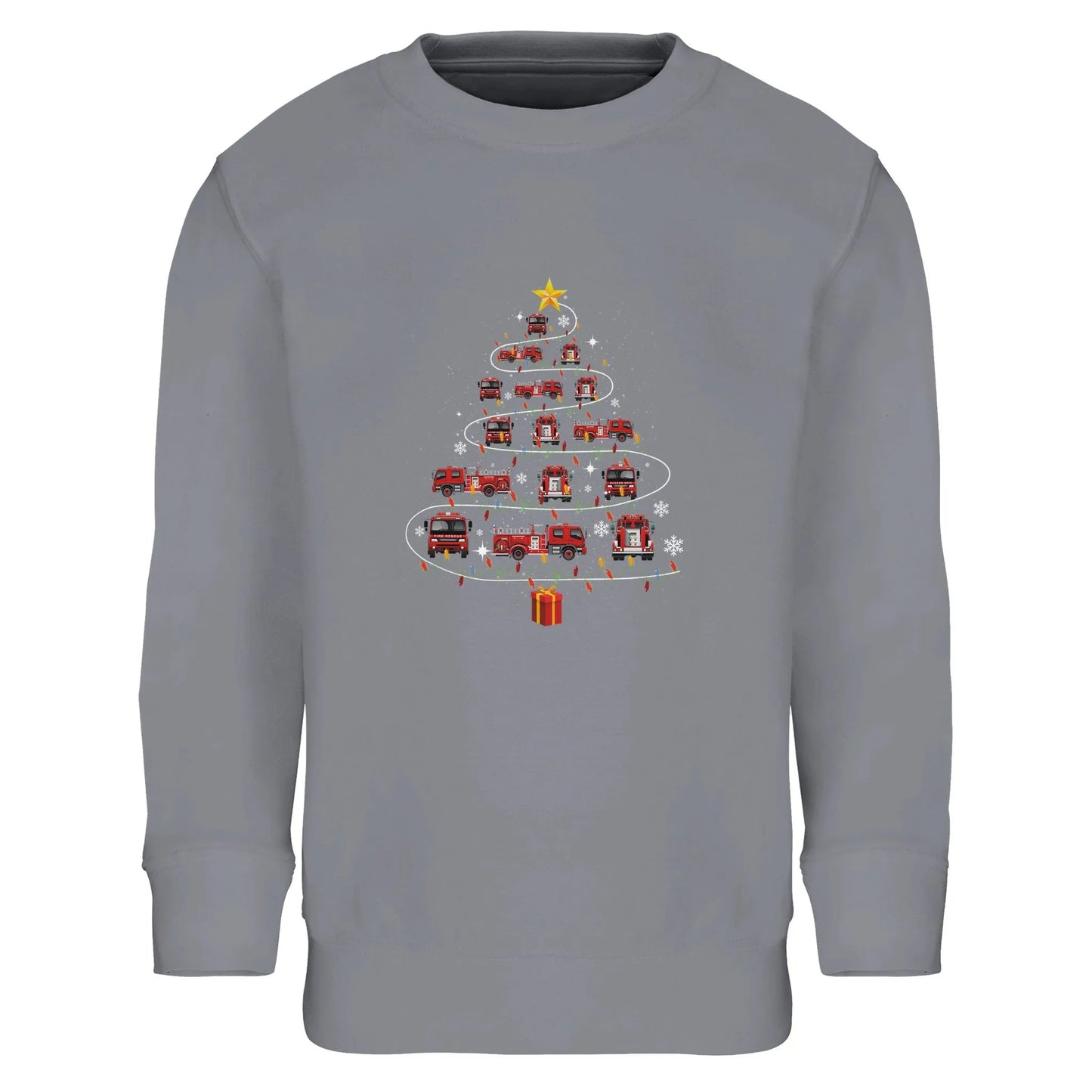 Kinder Sweatshirt mit Feuerwehr Fahrzeuge, Geschenk und Stern - Jungen Aufdruck für Weihnachten und Winter - 4 bis 14 Jahre - viele verschiedene Farben - Grey Melange