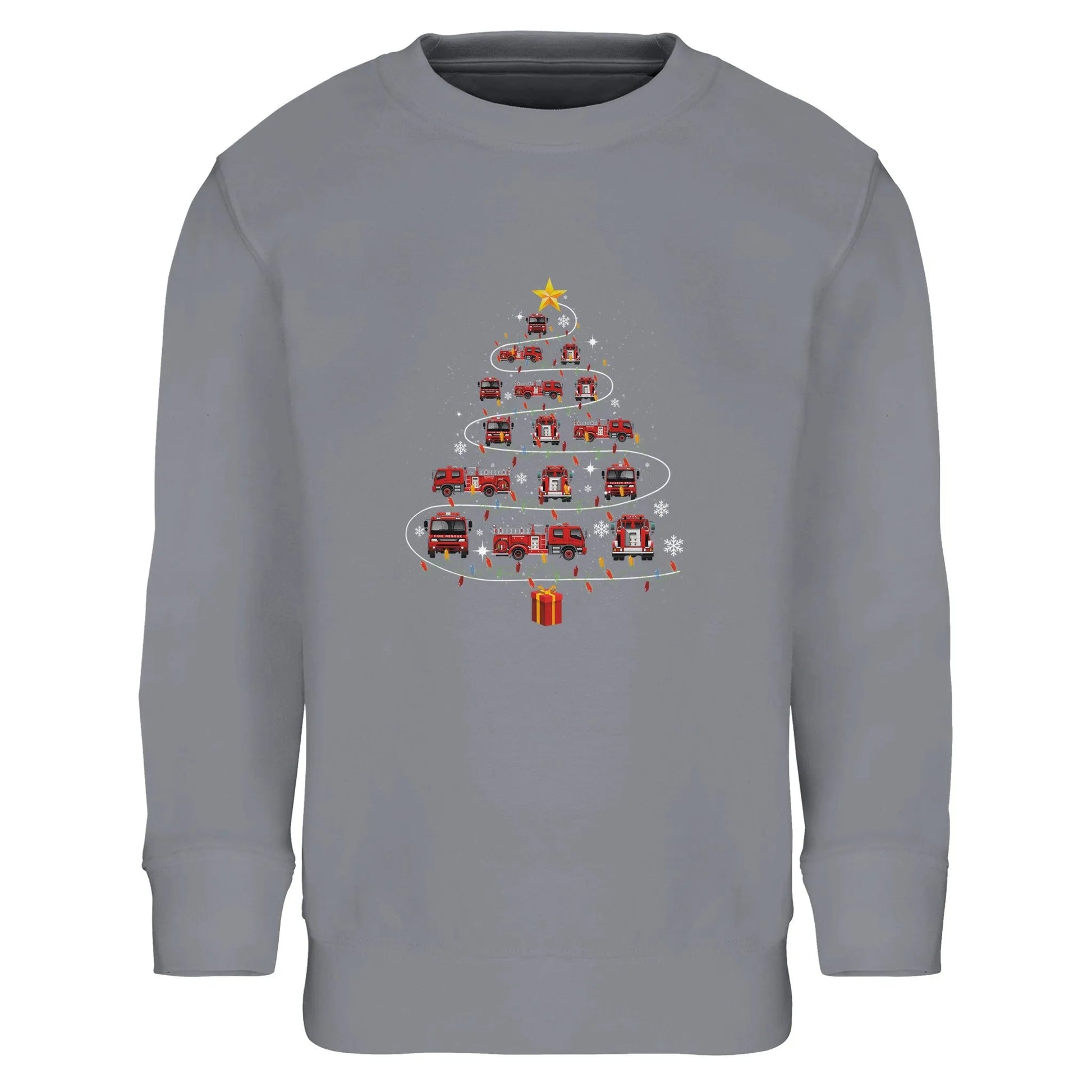 Kinder Sweatshirt mit Feuerwehr Fahrzeuge, Geschenk und Stern - Jungen Aufdruck für Weihnachten und Winter - 4 bis 14 Jahre - viele verschiedene Farben - Grey Melange