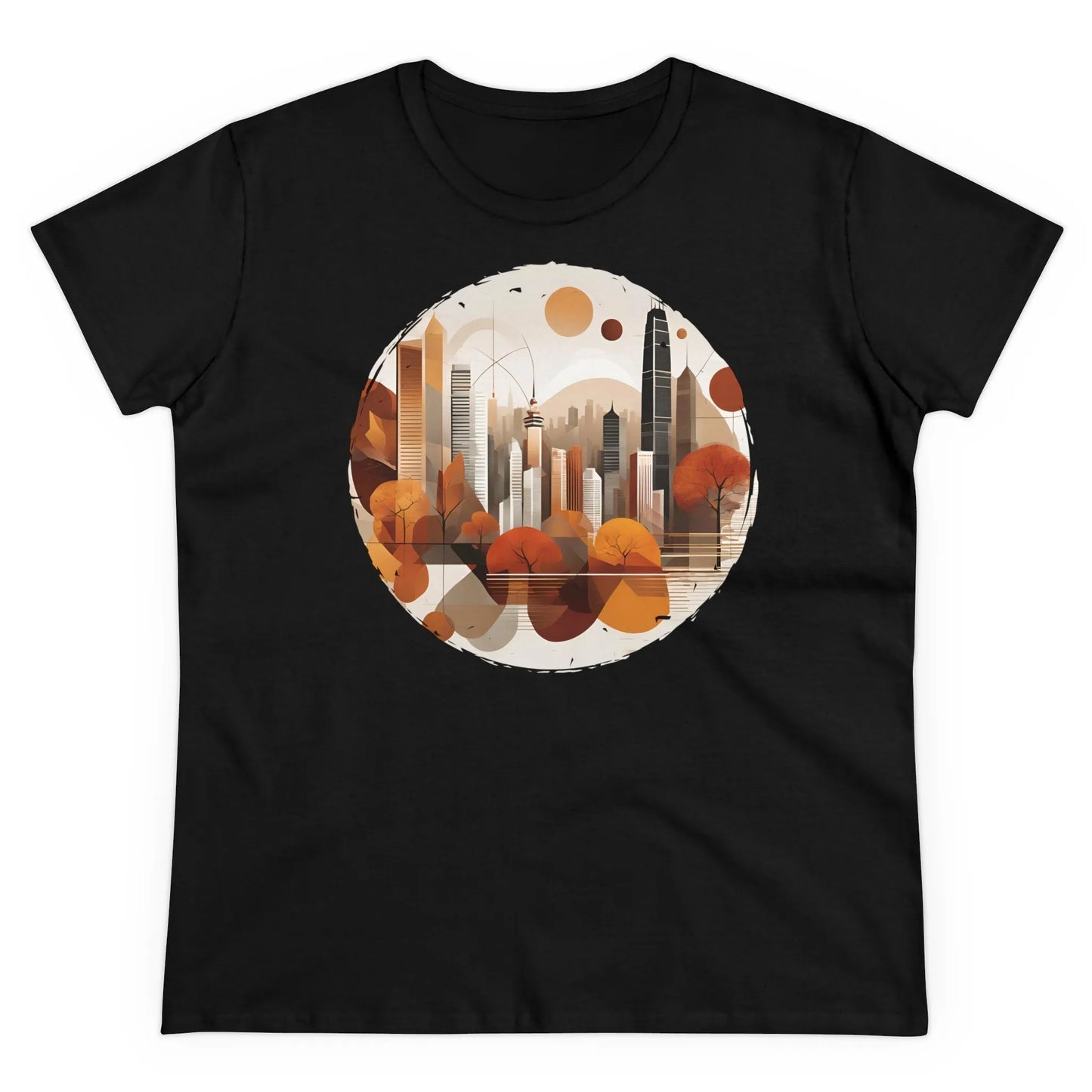 Damen Rundhals Shirt mit modernem Print - modernes Stadtleben im Herbst - tailliertes Kurzarm T-Shirt für Frauen - auch in großen Größen - 100% Baumwolle - 180 g/m² - Black