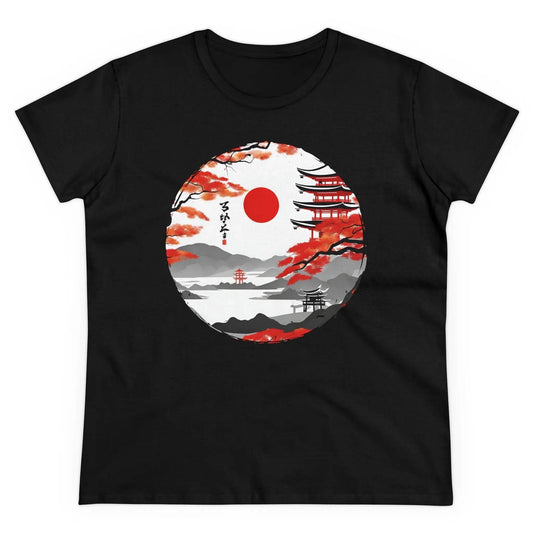happy-prints.eu - Damen Rundhals Shirt mit modernem Print - Abstrakte Landschaft in Japan - tailliertes Kurzarm T-Shirt für Frauen - auch in großen Größen - 100% Baumwolle - 180 g/m²