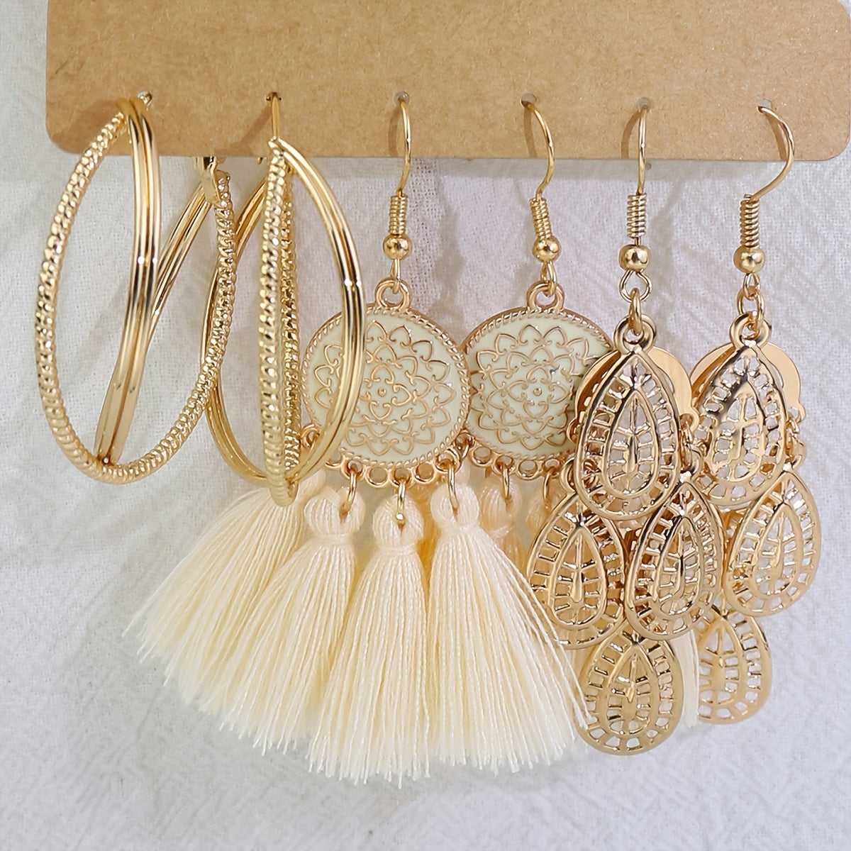 3er-Set Geometrische Damen Tassel-Ohrringe – Boho-Vintage Stil in Gold & Beige, KC Vergoldet, Hängende Statement-Pieces für Alltag & Events