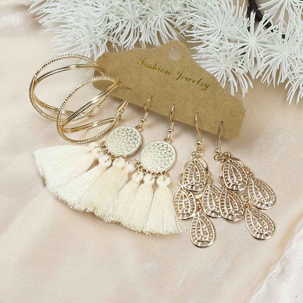3er-Set Geometrische Damen Tassel-Ohrringe – Boho-Vintage Stil in Gold & Beige, KC Vergoldet, Hängende Statement-Pieces für Alltag & Events