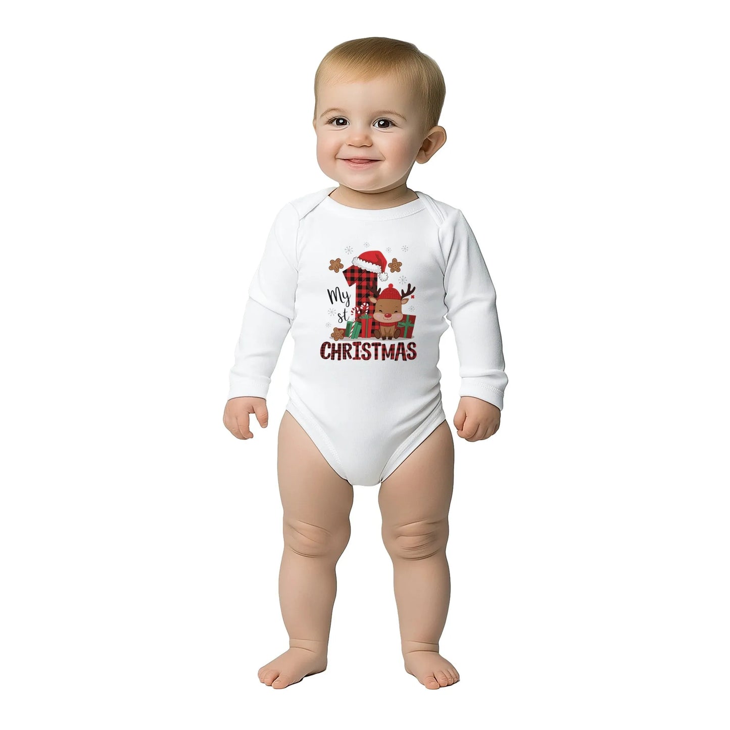 Unisex Baby Langarm Body für Weihnachten mit Aufdruck - My first Christmas mit Elch - 100% Baumwolle - Größe bis 18 Monate bzw. 86 - Strampler Body mit Muster -