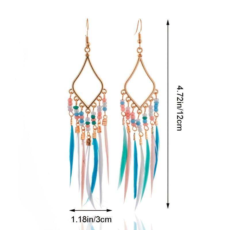 Schlanke Damen Boho Feder-Ohrringe mit Traumfänger Design – 12cm lang, künstliche Federn & Fransen