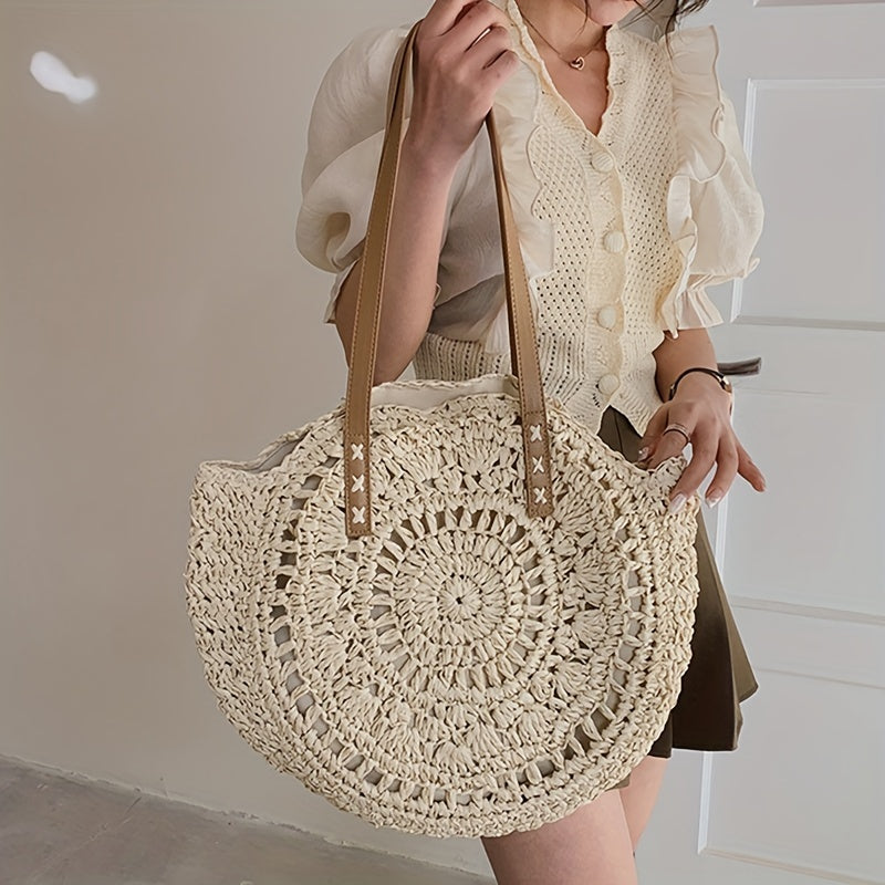Runde Damen Boho Strohtasche mit Lochmuster – Damen-Umhängetasche für Strand & Sommer in Beige oder Khaki - 43×40 cm, mit Reißverschluss