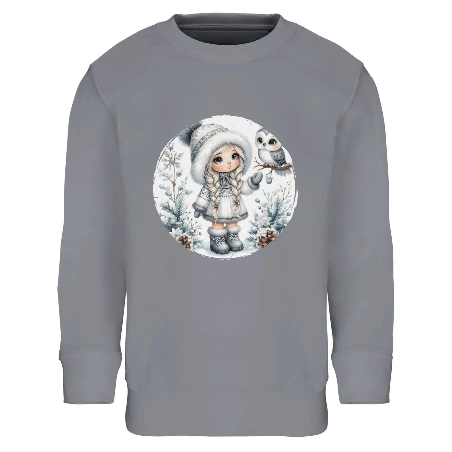 Kinder Sweatshirt mit Mädchen und Eule im Schnee - hübscher Print für Weihnachten und Winter - 4 bis 14 Jahre – in vielen Farben und Größen - gebürstet - Grey Melange