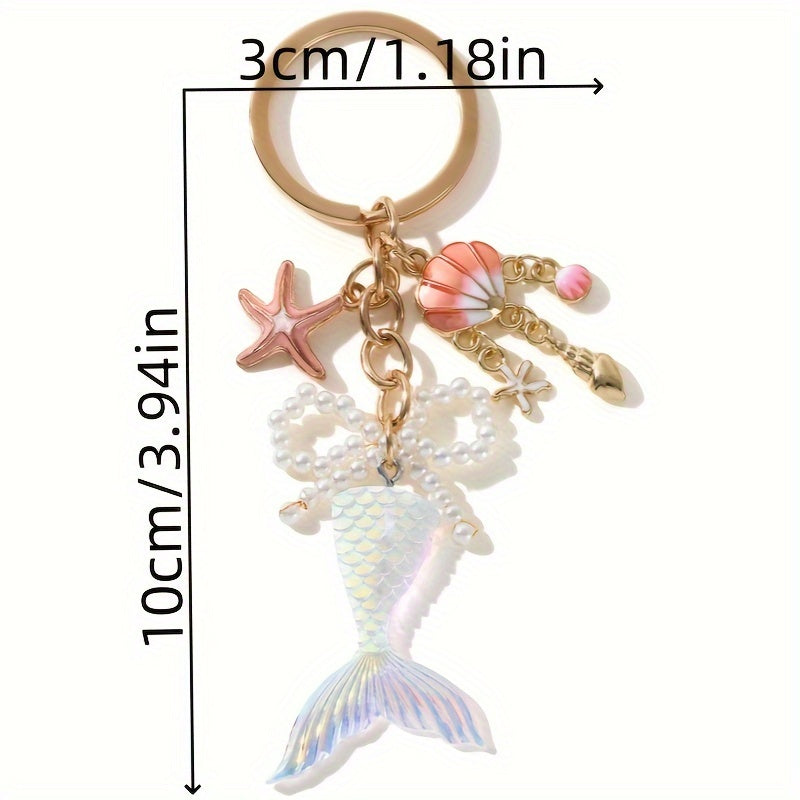 1 Stück sommerlicher Damen Schlüsselanhänger mit Seestern, Muschel, Mermaid-Flosse, Perlen oder Seestern – zwei sommerliches Designs in Gold, Weiß, Türkis oder Rosa
