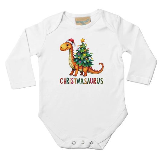 Baby Langarm Body für Weihnachten - Jungen Aufdruck Christmasaurus - 100% Baumwolle - Größe bis 18 Monat bzw. 86 - Winter Dinosaurier Body mit Muster -