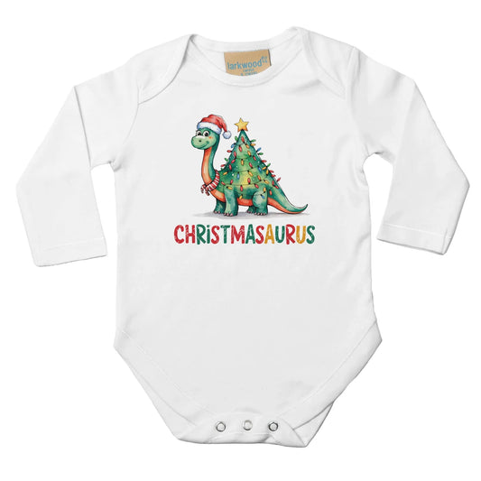 Baby Langarm Body für Weihnachten - Jungen Aufdruck Christmasaurus - 100% Baumwolle - Größe bis 18 Monat bzw. 86 - Winter Dinosaurier Body mit Muster -