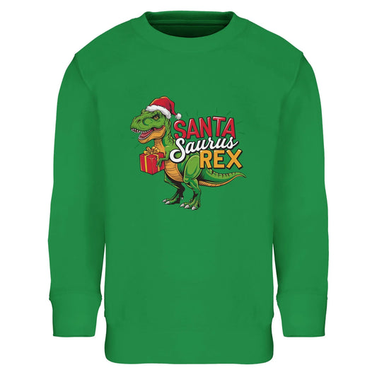 Kinder Sweatshirt mit Dinosaurier mit Weihnachtsmütze und Geschenk - Jungen Aufdruck für Weihnachten und Winter - 4 bis 14 Jahre - viele verschiedene Farben - Kelly Green