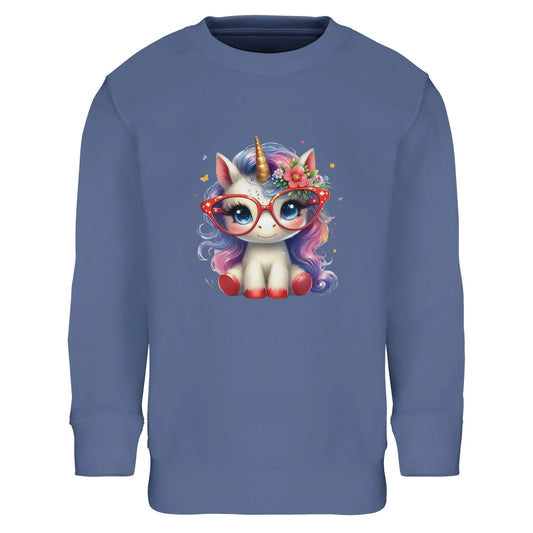 Kinder Sweatshirt mit Einhorn Mädchen mit Brille - Unicorn Aufdruck für Weihnachten und Winter - 4 bis 14 Jahre - viele verschiedene Farben - Blue