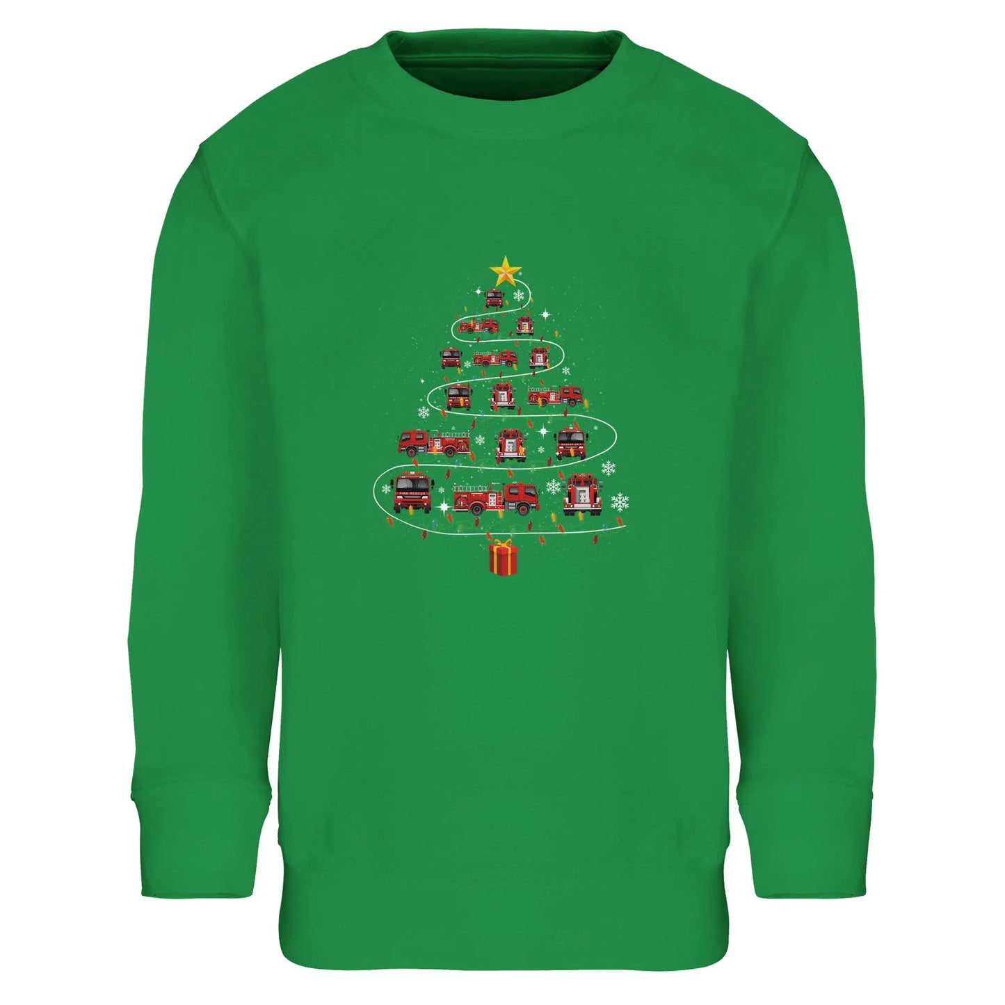 Kinder Sweatshirt mit Feuerwehr Fahrzeuge, Geschenk und Stern - Jungen Aufdruck für Weihnachten und Winter - 4 bis 14 Jahre - viele verschiedene Farben - Kelly Green