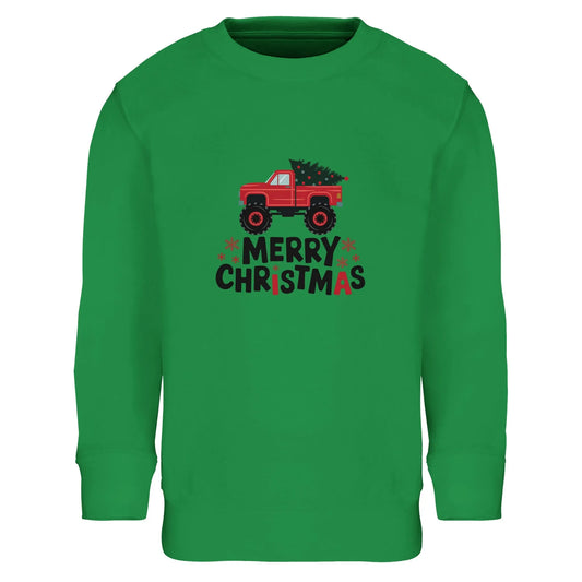 Kinder Sweatshirt mit Lastwagen, Christbaum und Merry Christmas - Jungen Aufdruck für Weihnachten und Winter - 4 bis 14 Jahre - viele verschiedene Farben - Kelly Green