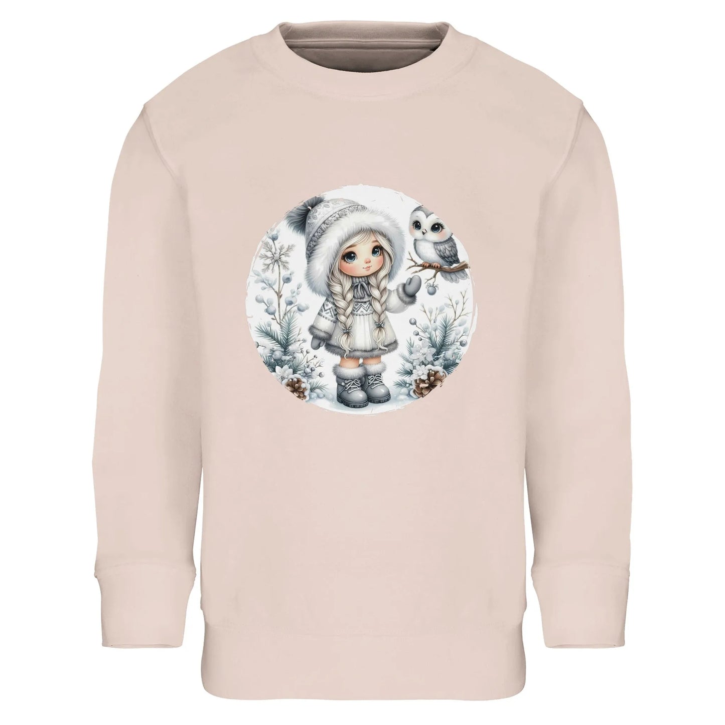 Kinder Sweatshirt mit Mädchen und Eule im Schnee - hübscher Print für Weihnachten und Winter - 4 bis 14 Jahre – in vielen Farben und Größen - gebürstet - creamy pink