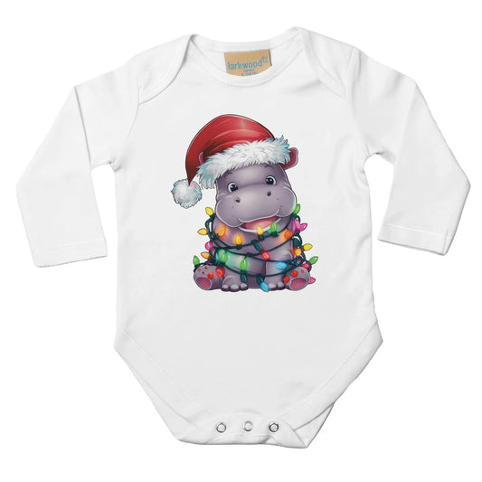 Baby Langarm Body für Weihnachten - Aufdruck Nilpferd mit Santa Claus Mütze und Lichterkette - 100% Baumwolle - Größe bis 18 Monat bzw. 86 - Winter Body mit Muster -