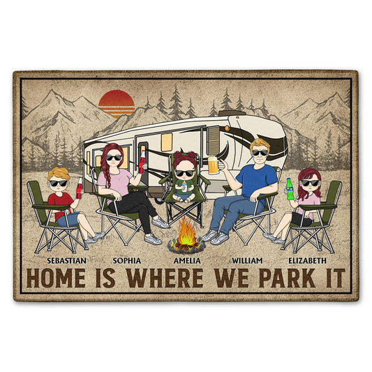Personalisierte Fußmatte mit Euren Namen und lustigem Spruch - Home Is Where We Park It -