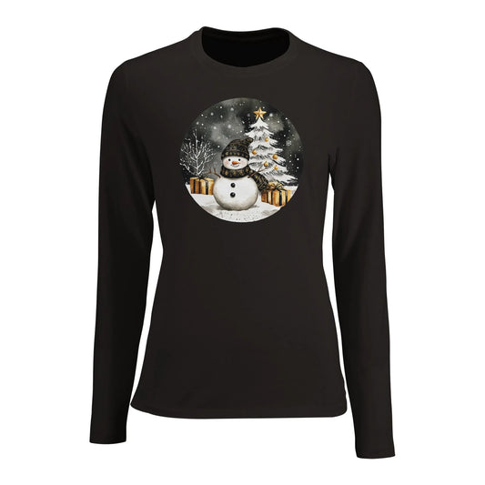Tailliertes Damen Langarm-T-Shirt mit Schneemann, Christbaum und Geschenke - schwarz weiß gold - Deep Black